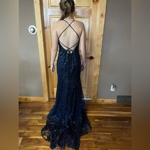 Dark blue sequin overlay long formal dress with train, size 10 with lace up back